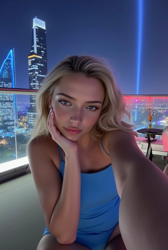 (selfie, top view: 1.4), (straight half of the body: 1.4), RAW UHD portrait photo of a 24-year-old blonde (light blue-eyed woman) laying on the bed, large breasts,, city at night, (Gucci t-shirt skirt), (neckline), details (textures! , hair! , glitter, color!! , disadvantages: 1.1), glossy blue eyes with high detail (looking at the camera), SLR lighting, SLR camera, ultra-quality, sharpness, depth of field, film grain (center), Fujifilm XT3, crystal clear, frame center, beautiful face, sharp focus, street lamp, neon lighting, bokeh (dimly lit), night, (night sky), detailed skin pores, oily skin, sunburn, complex eye details, full body, large breasts