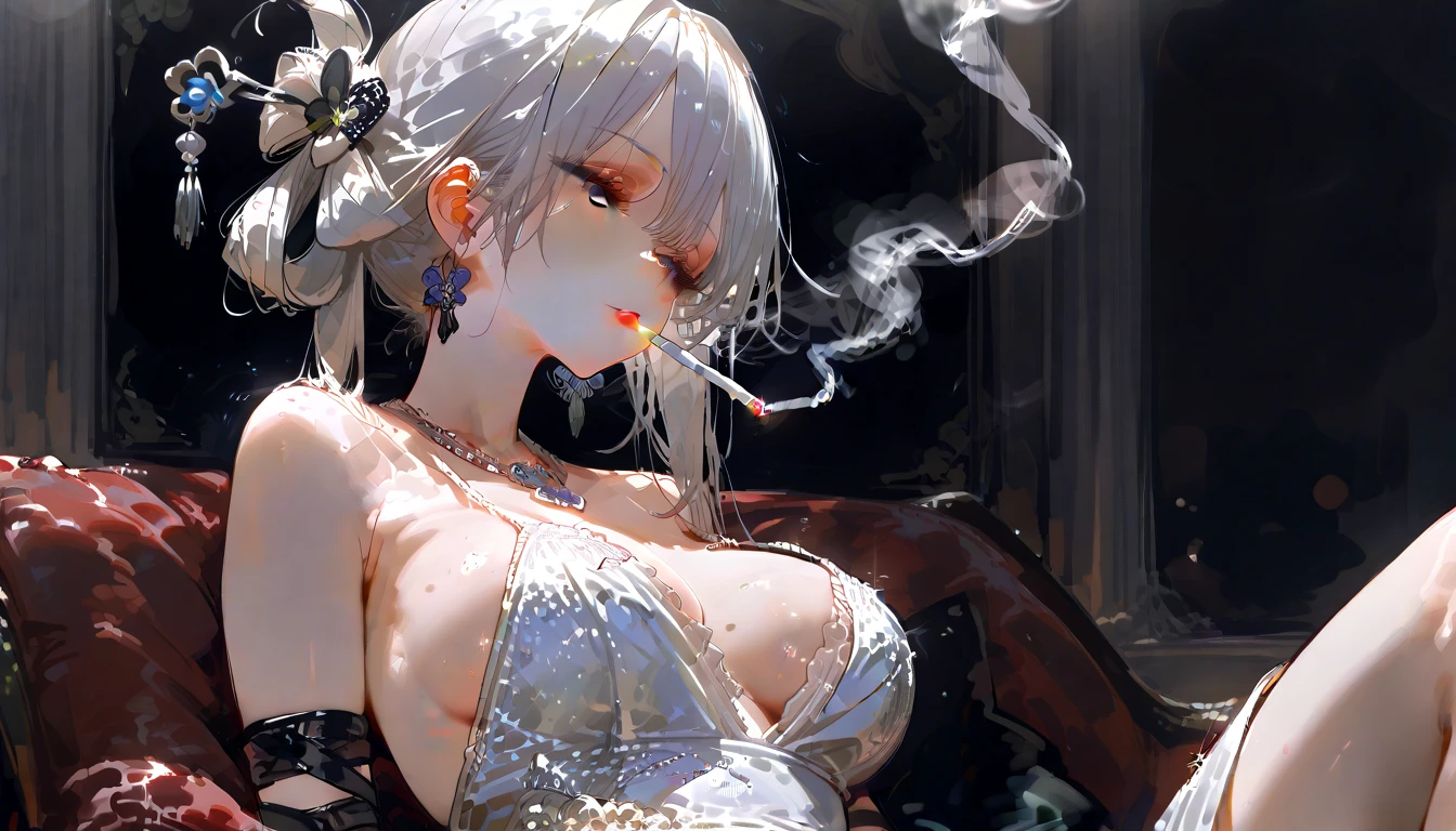 a succubus rapidly smoking cigarettes, on the bed, piercings, pain, agony, devil horns, rapidly smoking cigarettes, sucking very hard on cigarette, deeply inhaling, the cigarette ash is growing very long, the cigarette ash is very long, SMOKE IN MOUTH, lots of cigarette ash,