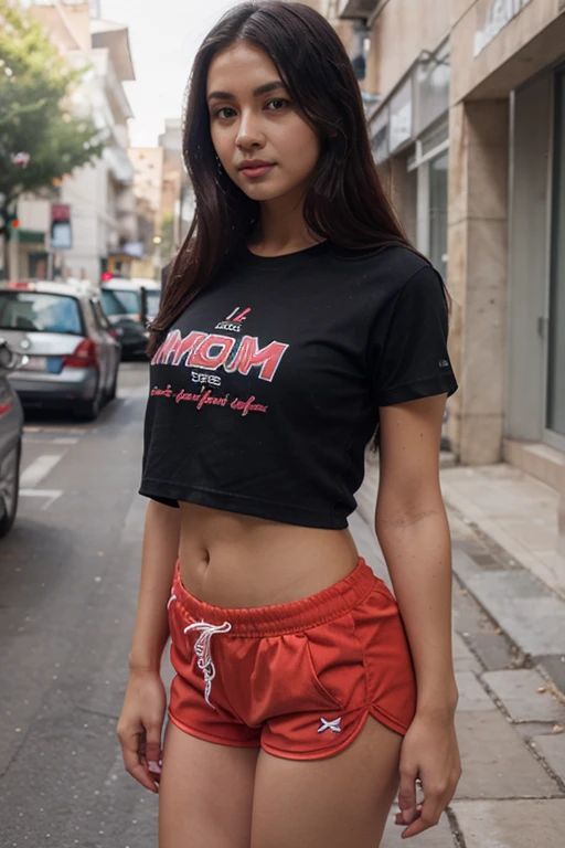 As a matter of fact, High resolution, gentle light, beautiful, charming, sexy, Dark-skinned Thai, 15 years old, Tall and plump, Wear shorts and a volleyball U shirt..S ARMI, Stand fully tilted to the side., in the gym, Camera facing, 8k, Masterpiece, Original work,