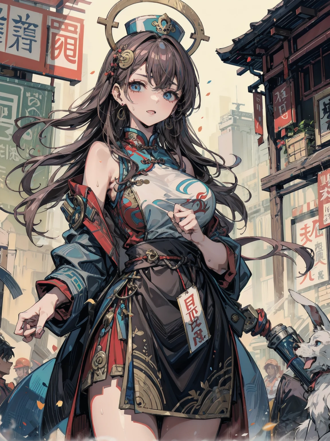 ((Shaman、nationality、:1.2)) ,Create dystopian masterpiece, There is a sense of expectation, Beautiful woman, skinny, Long black hair, Detailed face, smile, To the camera, Age 25、anime、Fantasy,Wooden chest pad、Emphasize the chest