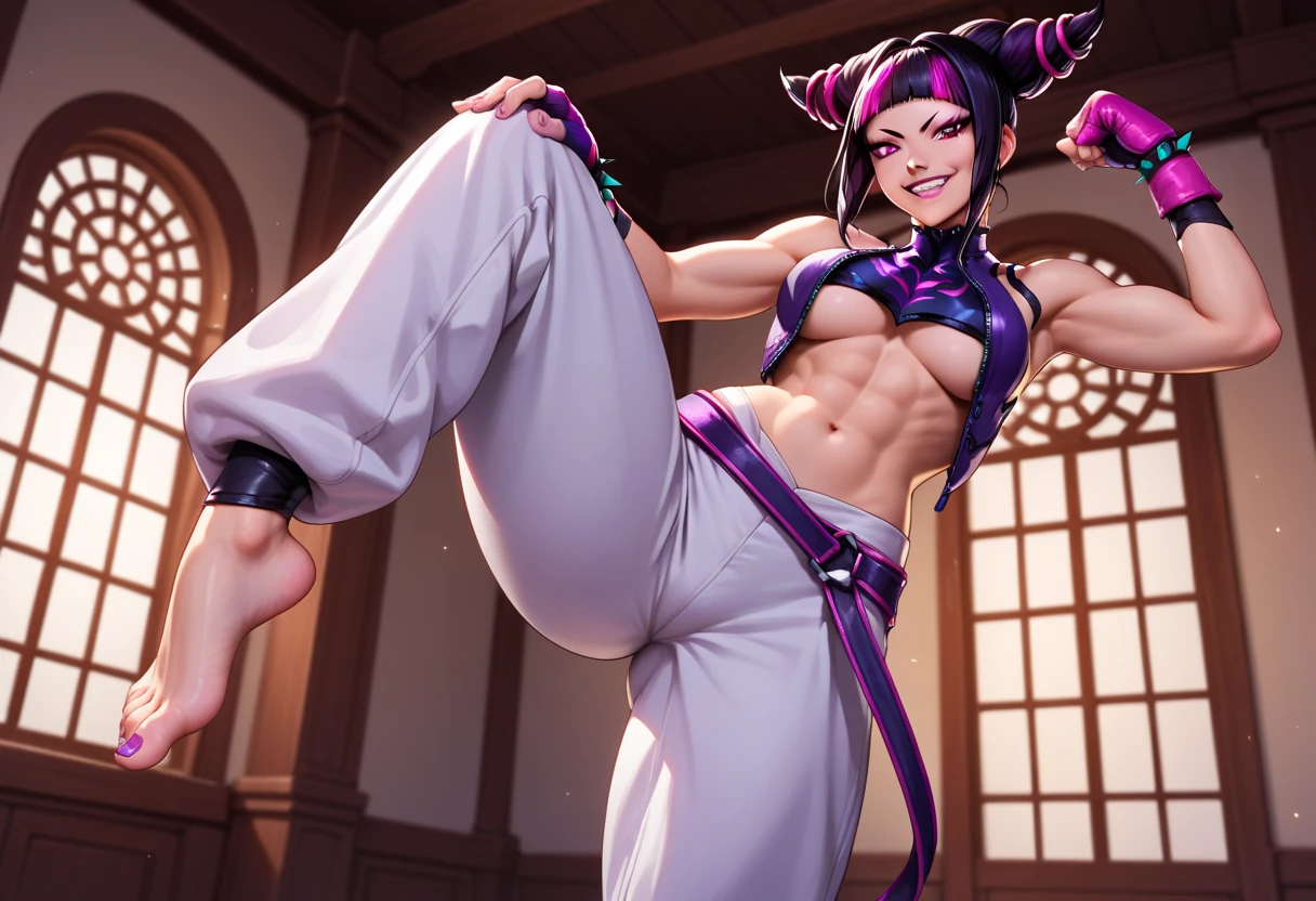 ((masterpiece,best qualtiy)),1girl,solo,ChunLi,Pink costume,beautiful night street background,18yo, sharp eyes, medium breasts, toned, 8k, full body, ambient lighting, underboob, ring, arn thick thighs, detailed legs, flexible, (standing on one leg:1.2), (standing split:1.3), muscular, hand holding one leg up,park background,nsfw,cameltoe,erected nipples,red blush
