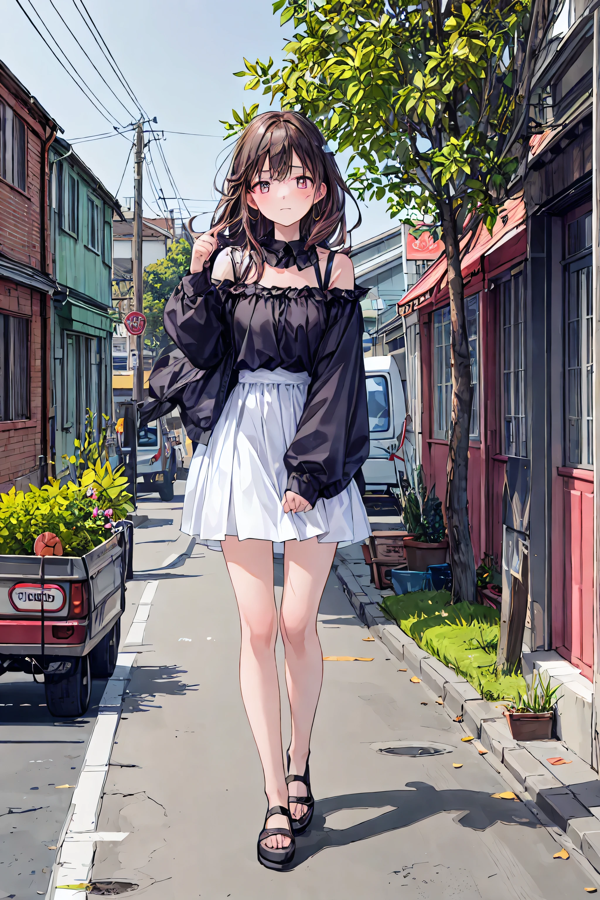 masterpiece, top quality, one girl with white shoulders, dark brown hair, long hair, bungs, pink eyes, sad, shed tears, show viewers, outdoor, , frill sleeve, wipe your tears with your hands when you break up, , With a toy, very long hair, wood, contemporary, day, floating hair, braiding, light, summer background, summer, light sky, clear, skirt, garden, bench, benchに座っている