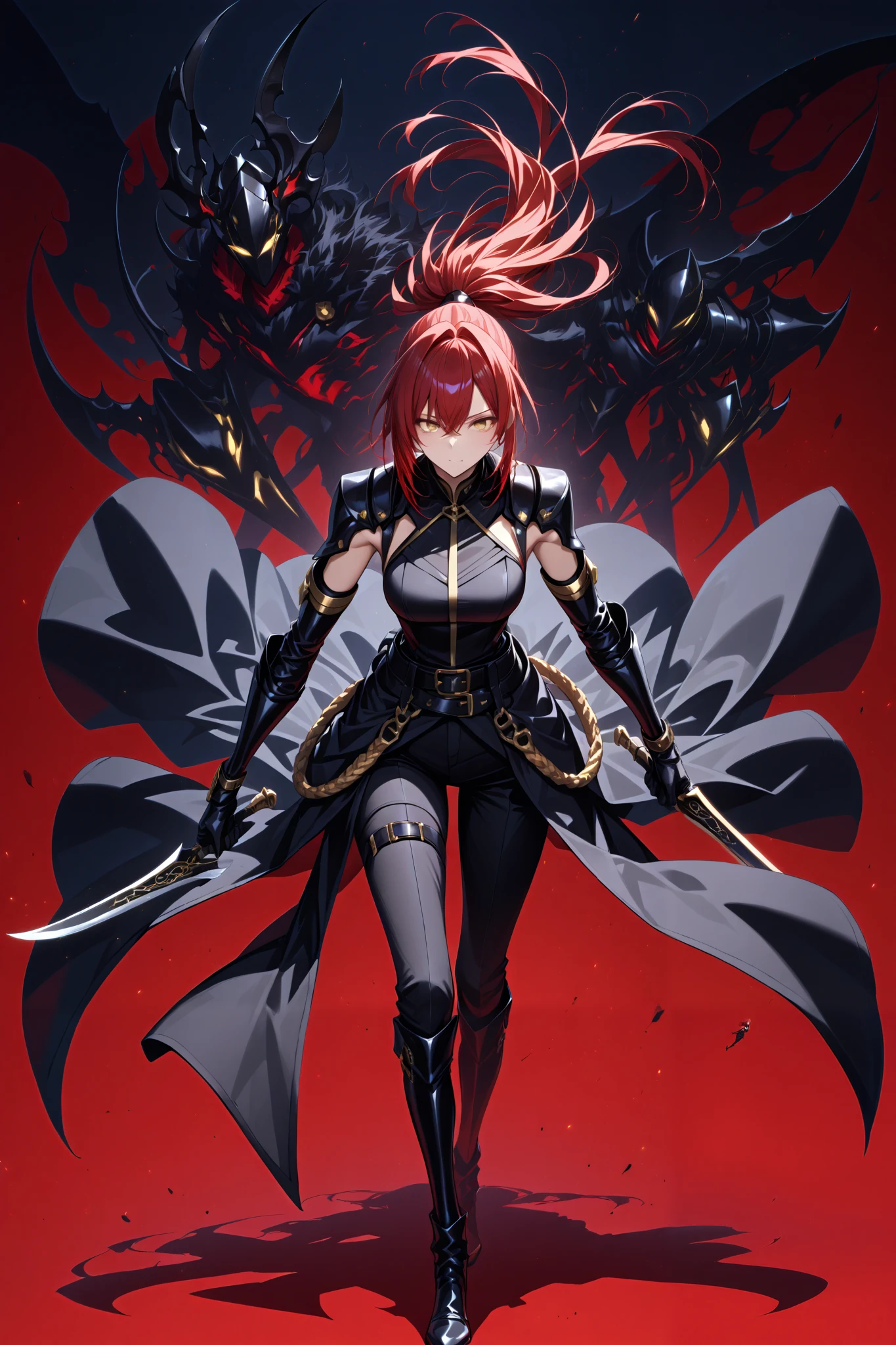 1 girl, golden eyes, red hair, long red hair, strands of hair falling forward, cool, beautiful, black pants with pockets on the sides, black boots with belt and buckles, wide black belt with buckle around her waist, black top, black elbow length gloves, Assassin clothes, two black daggers in hands, black serrated dagger, wide serrated dagger blade, mysterious atmosphere, in the background the shadow creatures, masterpiece, great quality, very aesthetic, absurd, latest, 8k, perfect face, clear eyes