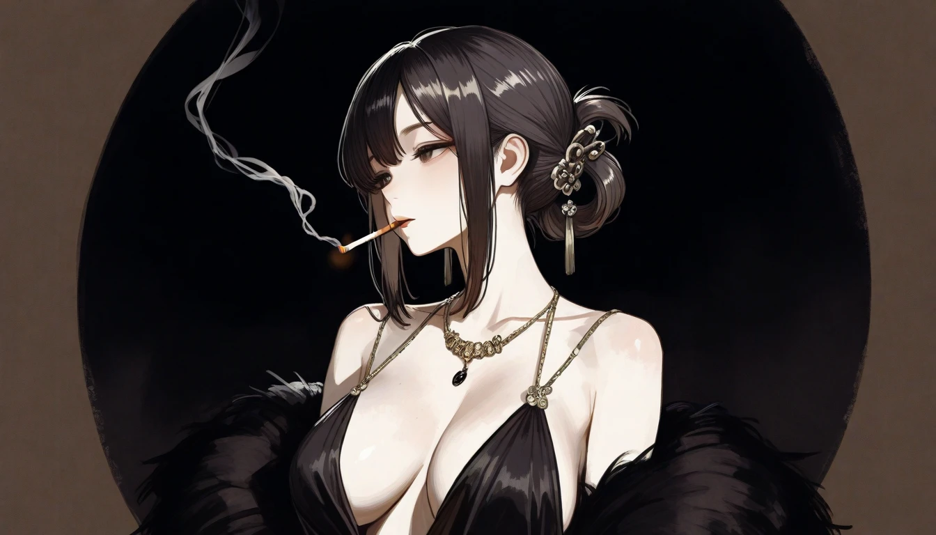 (highest quality、masterpiece:1.2), ((mature woman))huge , adult face、black chinahair、two side up、red eyes, (dark eye shadow、lots of earrings) sunglasses,smoking a cigarette,sexy china dress, black chinadress, victorian dress