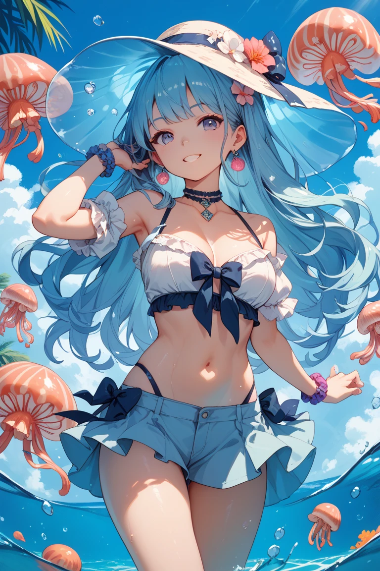 (masterpiece, best quality:1.2), solo, 1girl, wakasagihime, nervous smile, blushing,  looking at viewer, mermaid, blue hair, drill hair, bikini, big boobs, pond, water, water droplets, sunshine, cloudy,