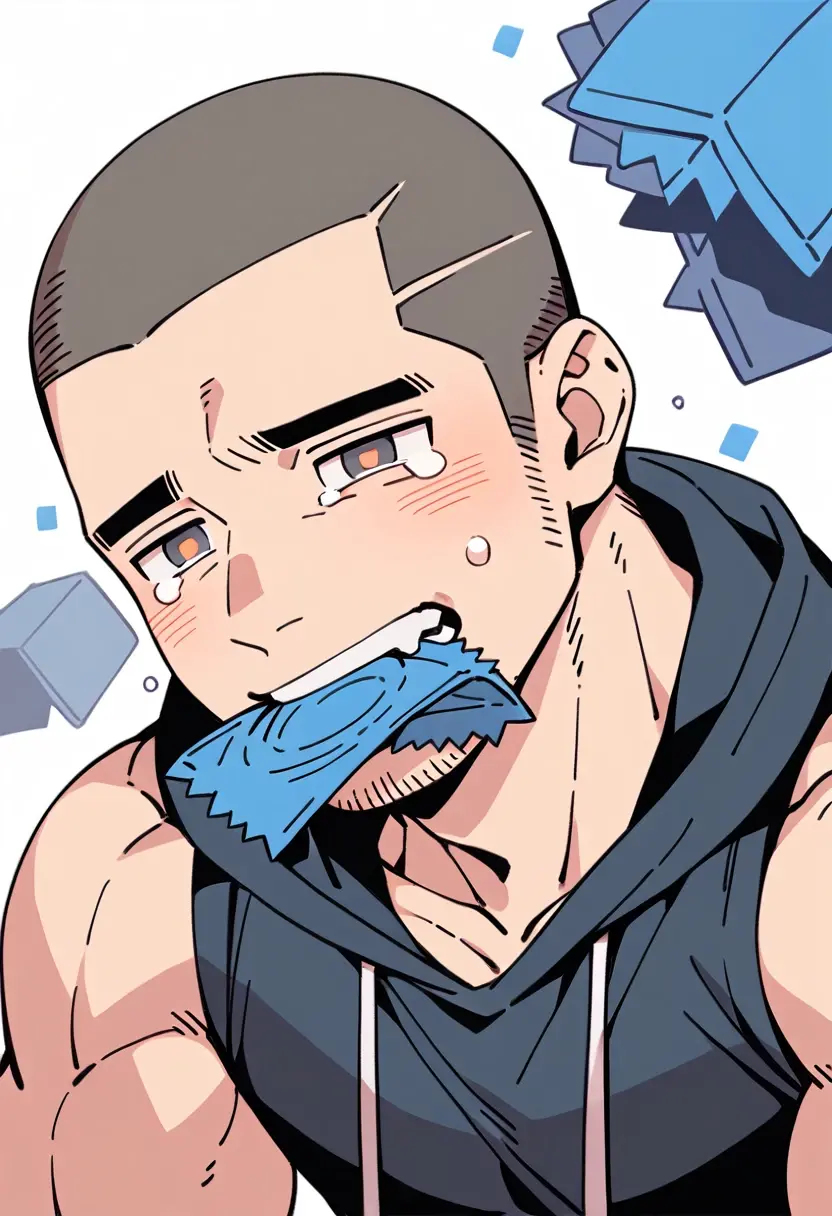 anime characters:Priapus, Muscle Sports Student, Buzz Cut, Manliness, male focus, Sports tight hooded sweatshirt, Very tight, full and perky chest muscles, muscular male, muscular, only, Upper body, alone, Black short hair, Thick eyebrows, stubble, Brown-red pupils, White background, simple background, amazing quality, best aesthetics, Ridiculous, crew cut, sad, crying, sobbing, blush, mouth hold, Bite the ?????? packaging bag, negative space, best quality