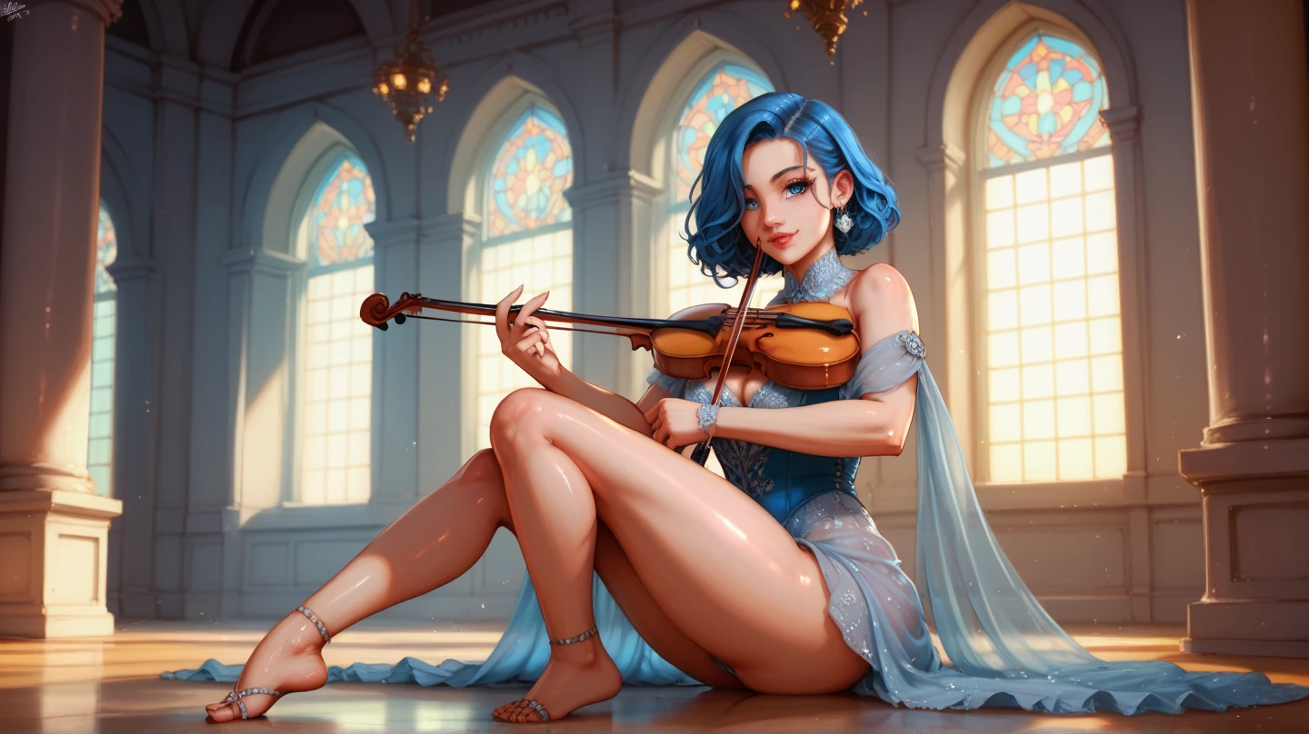realisticlying,1girl,Blue hair,Purple eye,glowing light eyes,Cut the top,a skirt,parted lip,Be red in the face,the night,fresh flowers,suns,rays of sunshine,huge tit,Take the violin