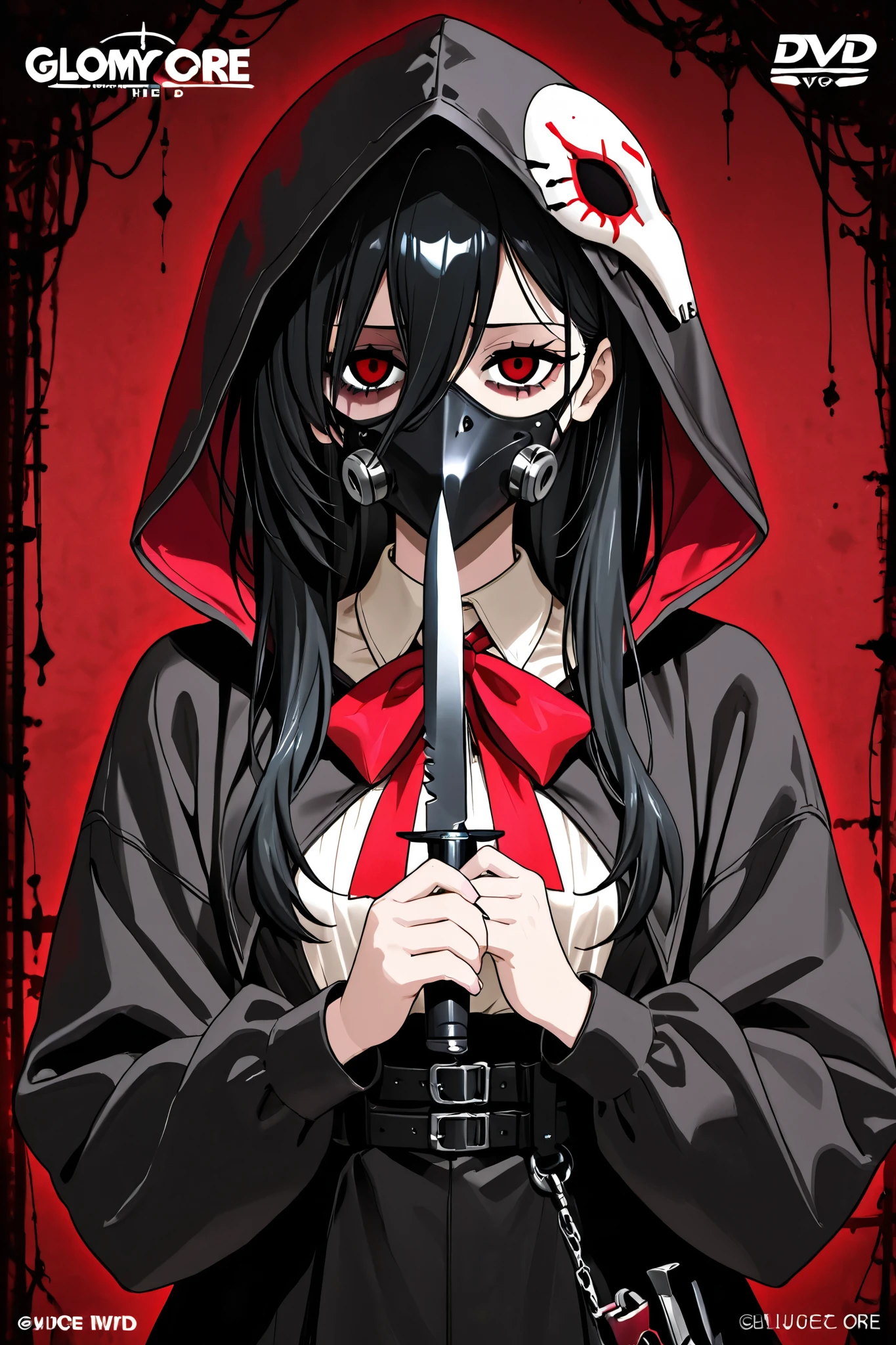 long black hair、 bright red eyes 、(underneath the eye, gloomy face )、age Girl、 plague mask、black hood、knife、anime style、Dream Core、standing up picture、high image quality、high quality DVD、(marian)