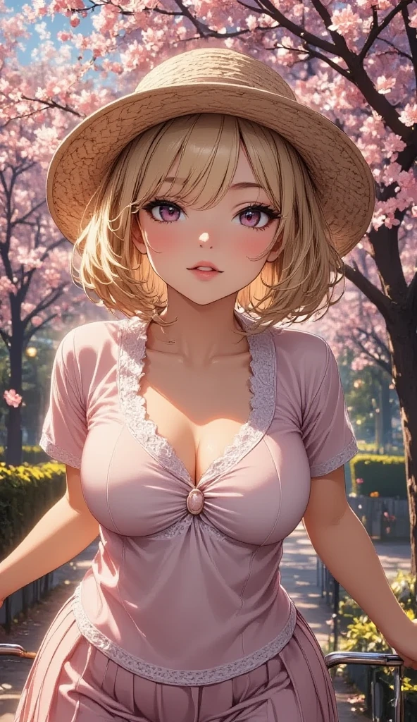 Face close-up、blonde、short hair、girl１、、smile、cherry blossoms、Light blue eyes、Open your mouth、Pink Lips、Off the shoulder、Large Breasts、Cleavage、Hide your arms behind your body