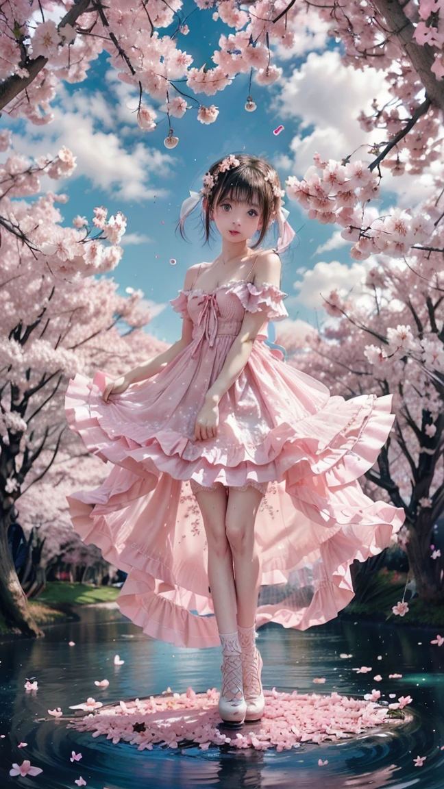 Shot from the waist up,Sanrio Style,WLOP Girl,17 years old,Summer dress,Lace hair ornament,Concept art, Simple background,Beautiful big eyes,Long Rush,Buriko,Blurred summer scenery,High-quality details, Wind Effects,smoothe,from the front side30Degrees oblique,masterwork, --auto
