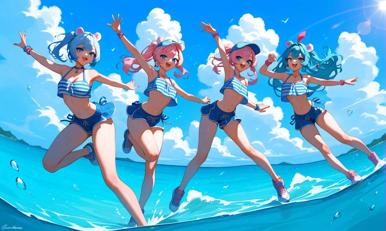masterpiece, best quality, long hair, pink hair, low-tied long hair, bangs pinned back, light blush, black eyes, medium breasts, bikini_top, dolphin shorts, bare legs, black thighhighs, cat_pose, 3girls, day, angel, game_cg,
