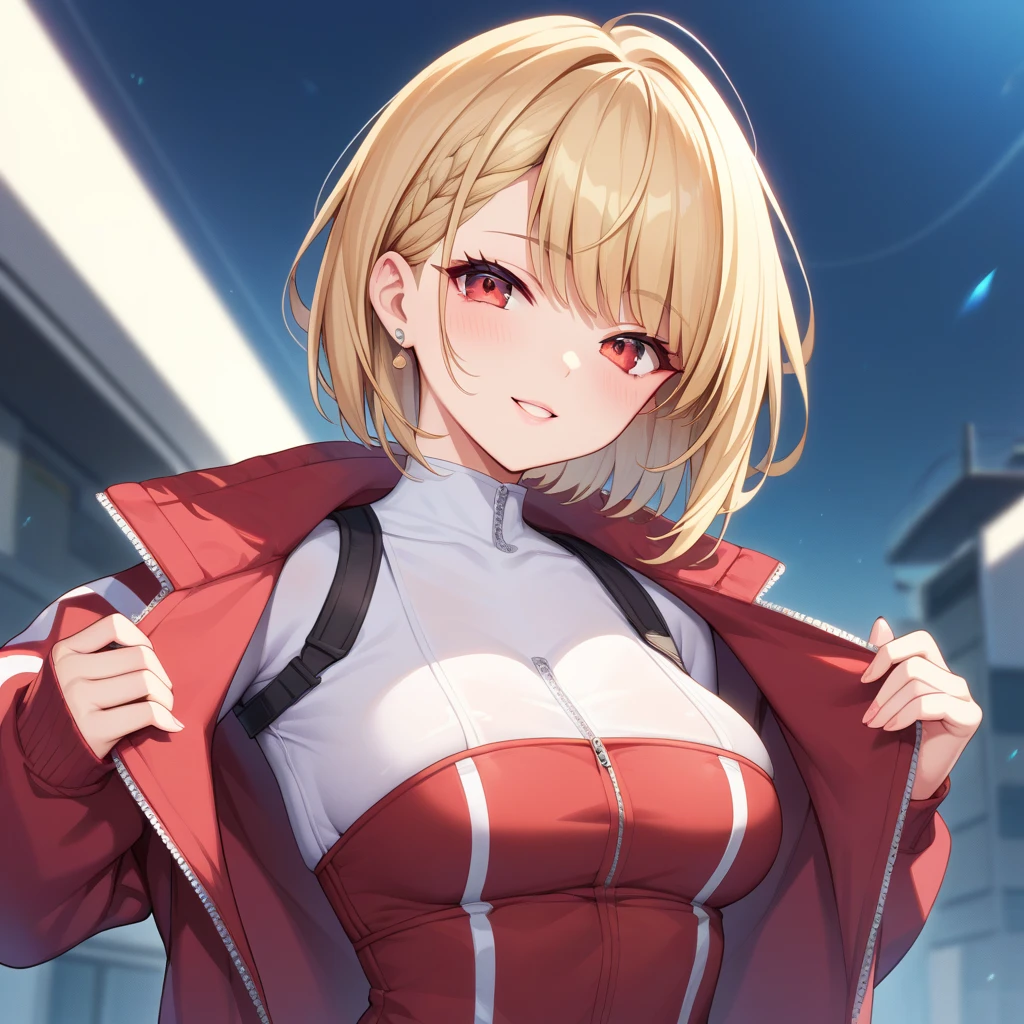 ((super high quality,Ultra-high resolution,16K,super masterpiece,Ultra HD,Ultra high definition:1.3,))One Girl,18-year-old,(Blonde:1.5,Short wavy hair:1.3),Short Side Ponytail,(Butterfly Shape,Black and purple hair band:1.4,)Emerald eyes,Cleavage,sexly,((Opened to the chest,tight,Light pink:1.3,One-piece sweat suit:1.5,))(popped collar,tight襟,Large collar,Fine zipper:1.3,)(light blue butterfly necklace:1.2,)To the camera,Smiling happily,Close one eye, V-sign with one hand,Place one hand on hip,leaning forward with her body angled forward,Sweaty,(A lot of water splashes all over the body:1.5,)Angle looking up from below,a blue sky with clouds and sun,