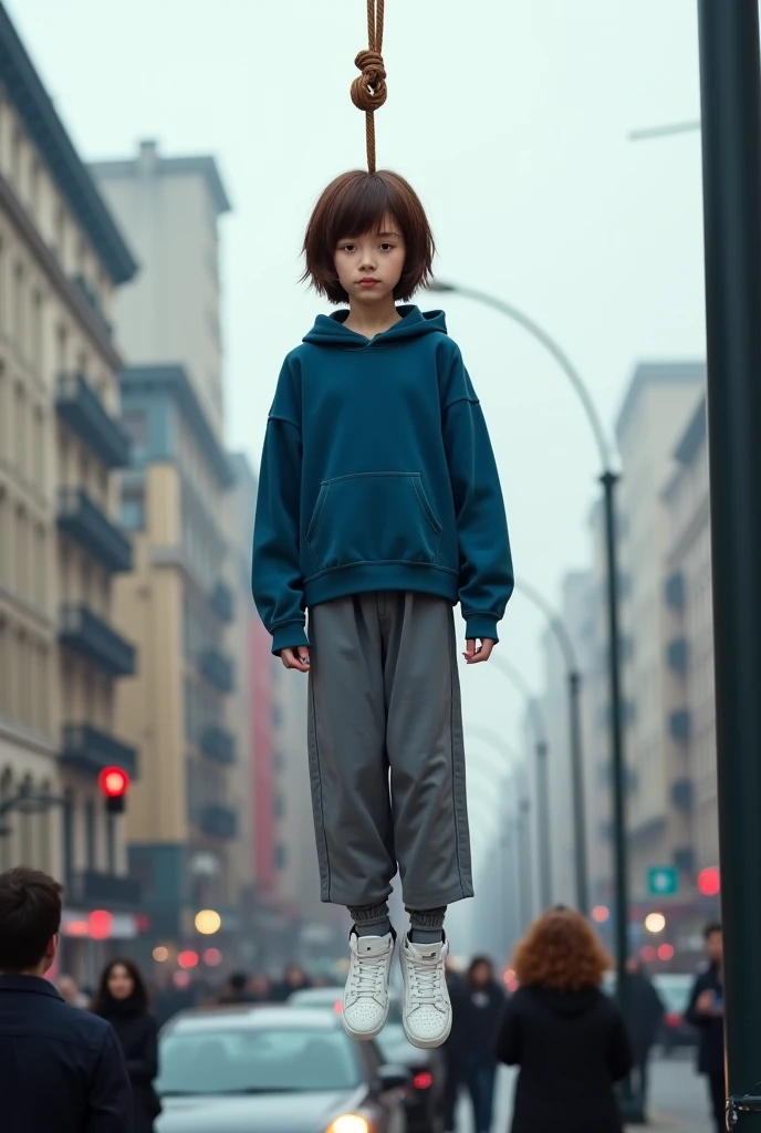 A little boy wearing a hoodie is seen giving a plastic bag to an old grandmother on the side of the road, with the effect of falling rain water soaking him with an urban feel with the lights on. in the form of long distance shots.