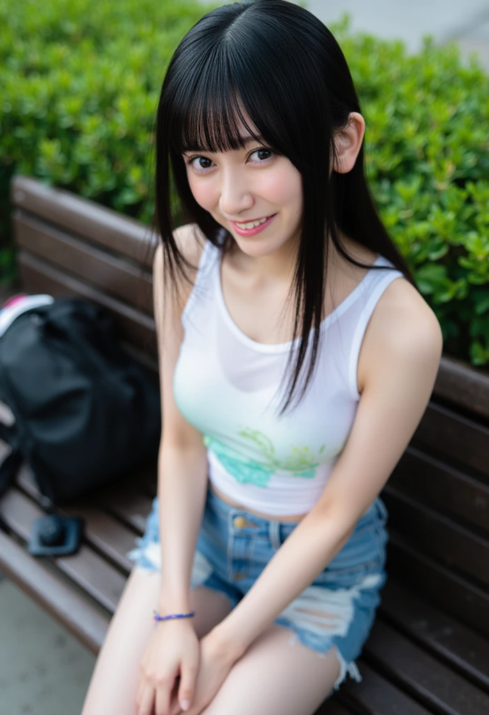 ((highest quality)), ((masterpiece)), (detailed), 8K,Realistic、High definition、high resolution、Real、((Five Girls))、Japanese、Outdoor、blue sky、Are standing、smile、A good friend、Young face、21 years old、Heavy makeup、Very black hair、Straight long hairstyle、Shiny Hair、Glowing Skin、Bright green tank top、Black leather shorts、Looking up、Bending over and peering in、Strong contrast、Big Eyes、Showing his forehead、tilt one&#39;s head