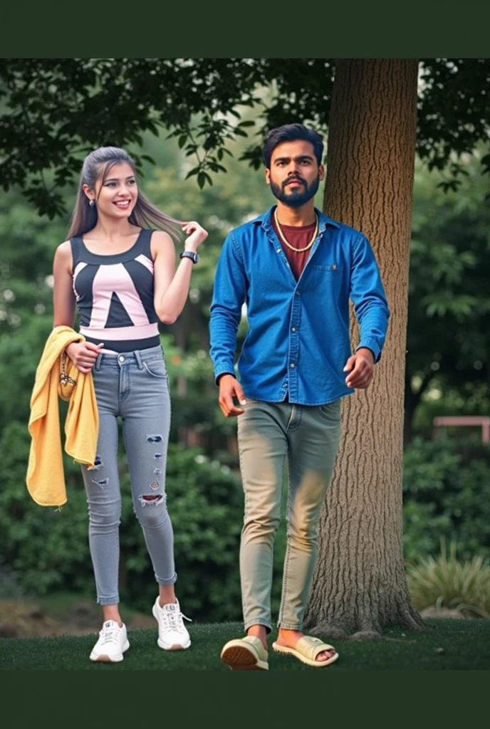 "A hand-holding picture of an Indian couple watching a kabaddi match. The guy has a full black beard, wearing a grey full-sleeve t-shirt and blue track pants, with shiny yellow and red thread tied on his wrist. The woman is wearing a pink t-shirt with 'freedom' written on it, tucked into blue jeans, with a red and black thread tied on her wrist and a copper-colored watch. Both are looking at the camera with smiling and happy expressions, in cinematic lighting."