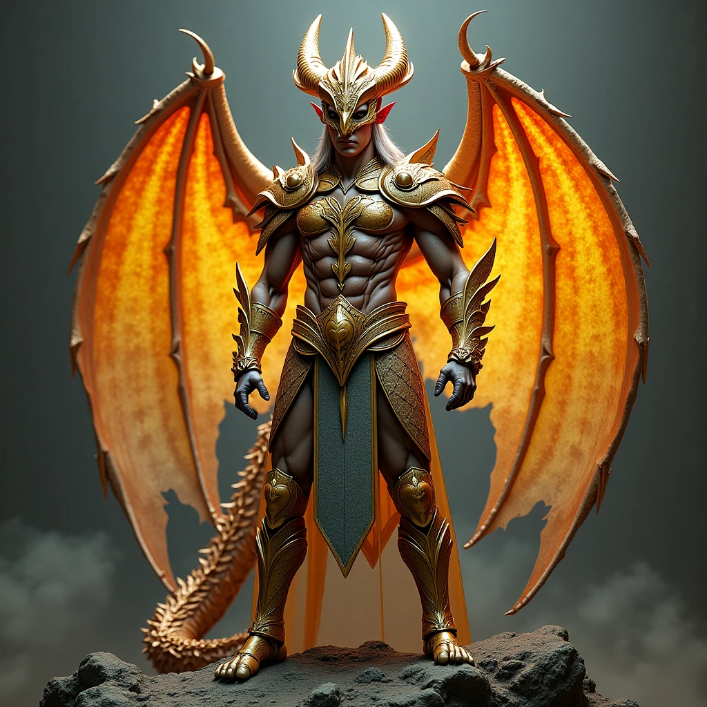 Make an image of a dragon-human hybrid with golden Capricorn armor,with the scalibur with the blessing of Athena and with dragon wings, with the color black