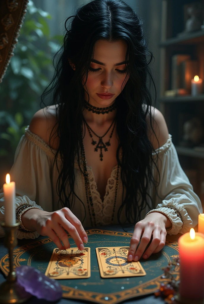 Create a gypsy woman reading tarot cards, white skin with black hair ...