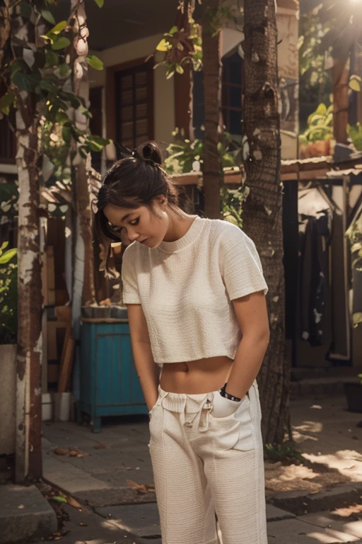 (masterpiece), best quality, expressive eyes, perfect face, (Maya Ruins deep in the jungle background), (standing), (smirk), (1girl, age 18+, Jenna Ortega face, Latina, dark skin, tanned skin, brown hair, short hair with bangs, bob hairstyle, brown eyes, hourglass figure, thin body, skinny body, petite_body, wide hips, thick thighs), (((loose fit v-neck pink shirt)), croptop, short sleeve, ((torn orange shorts)), ((purple backpack on back with sholder straps)), gold bracelet),