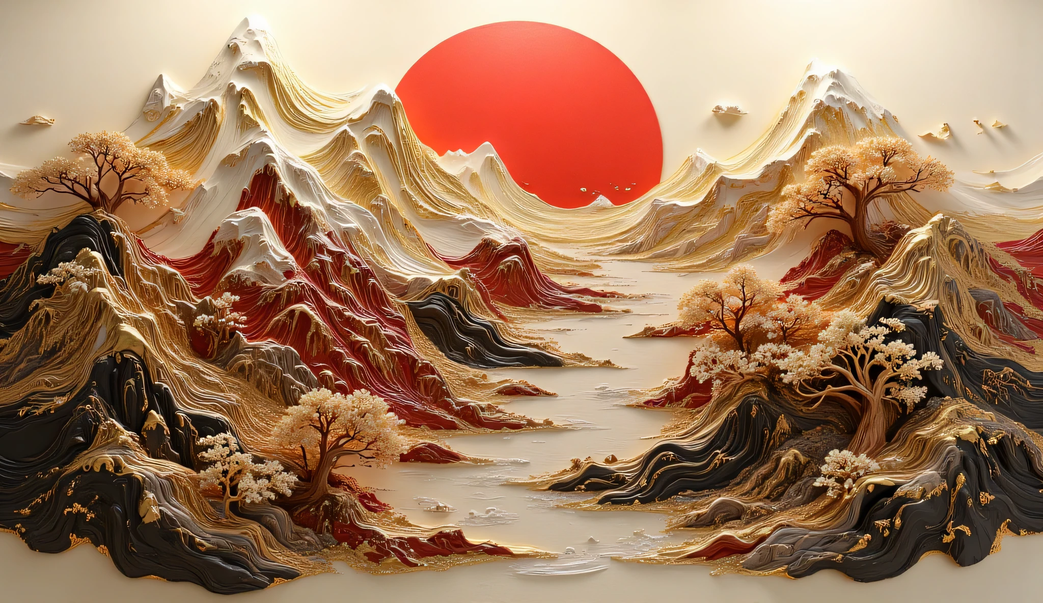 a relief art, mountains interspersed with red and gold giving the impression of depth, Japanese-style trees in old gold and a red sun setting behind the mountains.