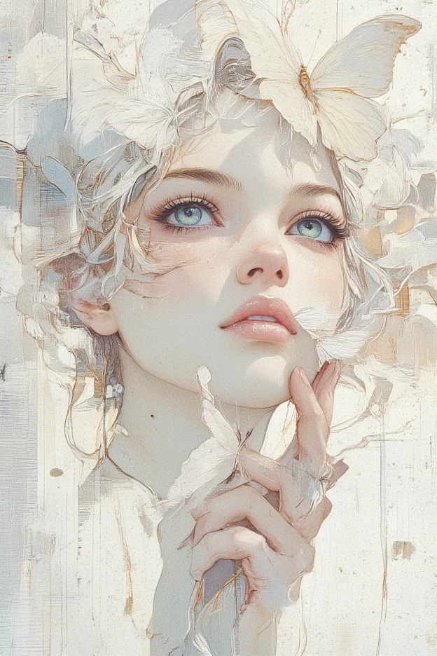 A surreal, unearthly image of a woman in profile, with a fascinatingly beautiful, almost angelic appearance, looking over her shoulder, a small white live butterfly sitting on her fingertips, her pale face seems to glow, smoothly merging with a pure white background, creating the impression that she arises from the light itself. The focus is on her very large piercing blue eyes, their crystal clarity and soft radiance, conveying a sense of unearthly wisdom and tranquility. Her long eyelashes look bold and spectacular, contrasting sharply with her porcelain skin, and attract the viewer's gaze to her irresistible gaze. She has graceful facial features with high cheekbones, a perfectly straight nose and soft, full lips that maintain a refined, neutral expression, emphasizing serenity and quiet strength. Her platinum-white hair gently flows upwards, emphasizing her divine appearance. Thin strands, light and silky, smoothly merge into a white background, creating an unreal, fabulously textured background, outlined with the thinnest lines, similar to threads, then to isobars, from different angles in tone and shade, The lighting is diffused and uniform, it erases shadows and creates a minimalistic aesthetic that fully emphasizes its striking The features seem to come from a grainy, incredibly pure and deep air, In general, the composition seems timeless, as if it reflects the essence of purity and perfection, with a soft, fabulous shade., which encourages introspection and reverence. The simplicity of the image enhances its mystery, creating a deep angelic presence that seems both familiar and otherworldly.Semi-realistic digital art, digital painting, fine detail in k64 format