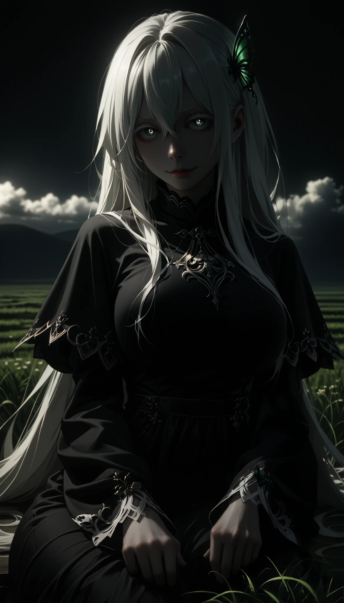 medium-up, score_9, score_8_up, score_7_up, source_anime, 1girl, white hair, white eyelashes, thick eyelashes, hair between eyes, dark eyes, pale skin, very long hair, original dress, black dress, green butterfly hair ornament, glowing eyes, big breasts, an ominous dark atmosphere, a sly smile, a vast field with short grass, endless greenery, a sly look, fully visible in the frame, positioned in the middle of the field, sitting at a white round table, relaxed posture, sky above, the field stretching infinitely into the distance, scattered clouds, soft natural lighting