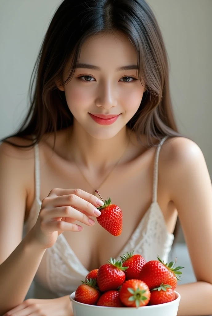 femele、big eye、Super Detail Eyes、Hair in super detail、curlyhair、Fetishes、bokeh feeling、portlate、Natural makeup、sweets、SHINES、vivid、fruit、Grapes、Dolce、large full breasts、Beautifully shaped breasts、red-lips、Little red cheeks、1 person、Beautiful nails、realisitic、Realistis、3dimension