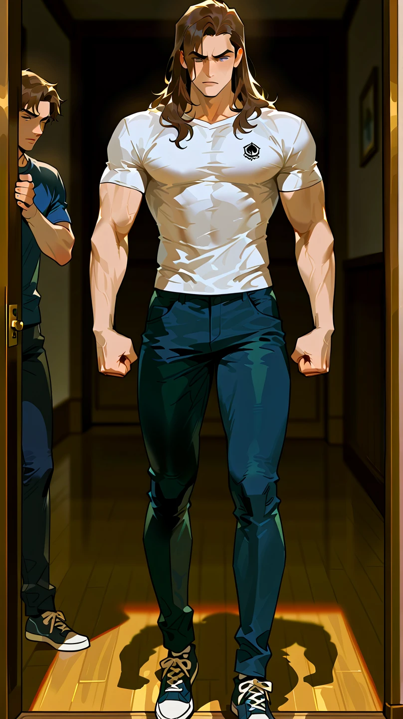 Picture book design， A toned man in cloth pants went into battle shirtless  ，handsome，20 years old，street of hong kong，Line art,monochrome,Highest contrast ，No grayscale