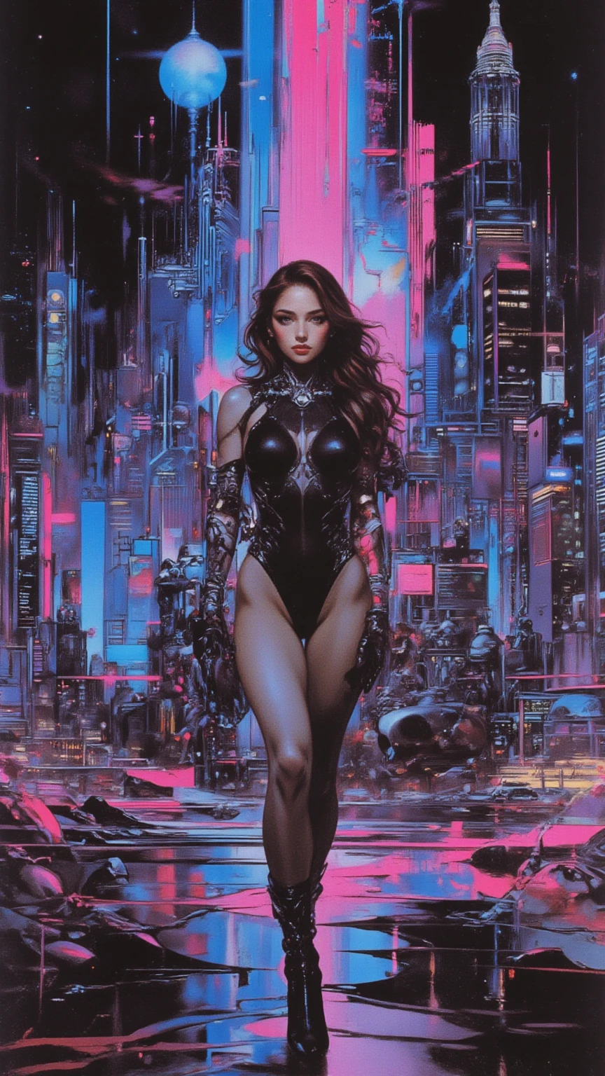 A beautiful european girl, on the roof of cyberpunk building, serious face, wearing purple medieval dress, jewelry, cleavage, full body. She is 24 years old, has black hair, long hair, curly hair and blue eyes. Her cloth is stylish and her overall appearance is stunning. The girl's face is extremely detailed with beautifully detailed lips. Her skin is anatomically correct with realistic textures. The image should have super high details and be of the best quality, with a resolution of 8K. The final result should be a masterpiece, showcasing the girl's beauty and the vibrant atmosphere of The cyberpunk city and the night