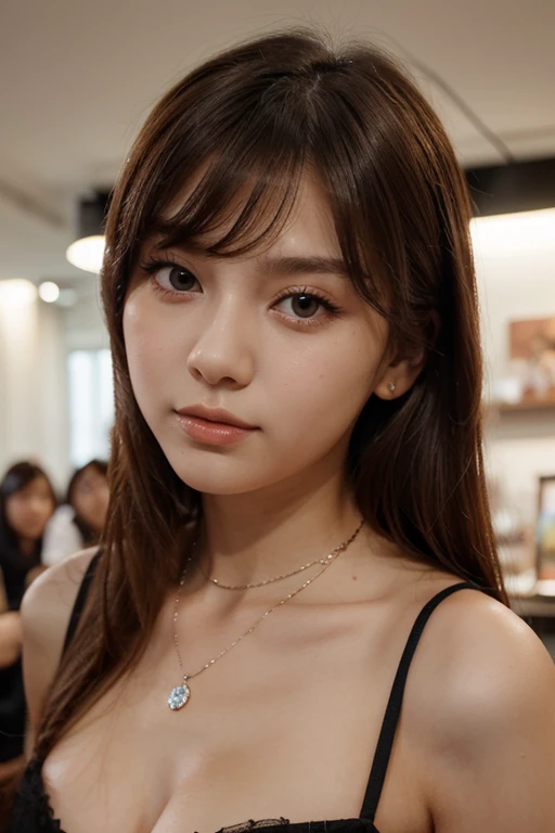 ((Highest quality, 8K, masterpiece :1.3)), Sharp focus :1.2, Beautiful woman with perfect figure :1.4, Slim Abs :1.2, ((Big Breasts, Emphasize cleavage:1.3)), (Photorealistic:1.4), (realistic:1.4), Highly detailed face and skin texture, Fine grain, double eyelid. Makeup face. A little bit of lipstick, necklace, Earrings, sex appeal, Sexy gravure pose, ((:1.3)