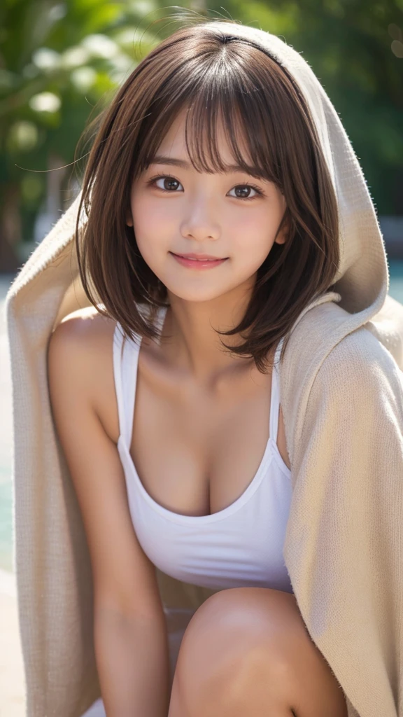 Highest quality、超A high resolution、(Photorealistic:1.5)、1 girl、(Brown Hair:1.2)、(Big Breasts:1.2)、camp site、In nature、Whole Body Ezbian、Smile、White bikini swimsuit、Wearing a grey hoodie jacket、Bad Eyes、Wet Skin、Shooting from various angles、, (Fascinating),