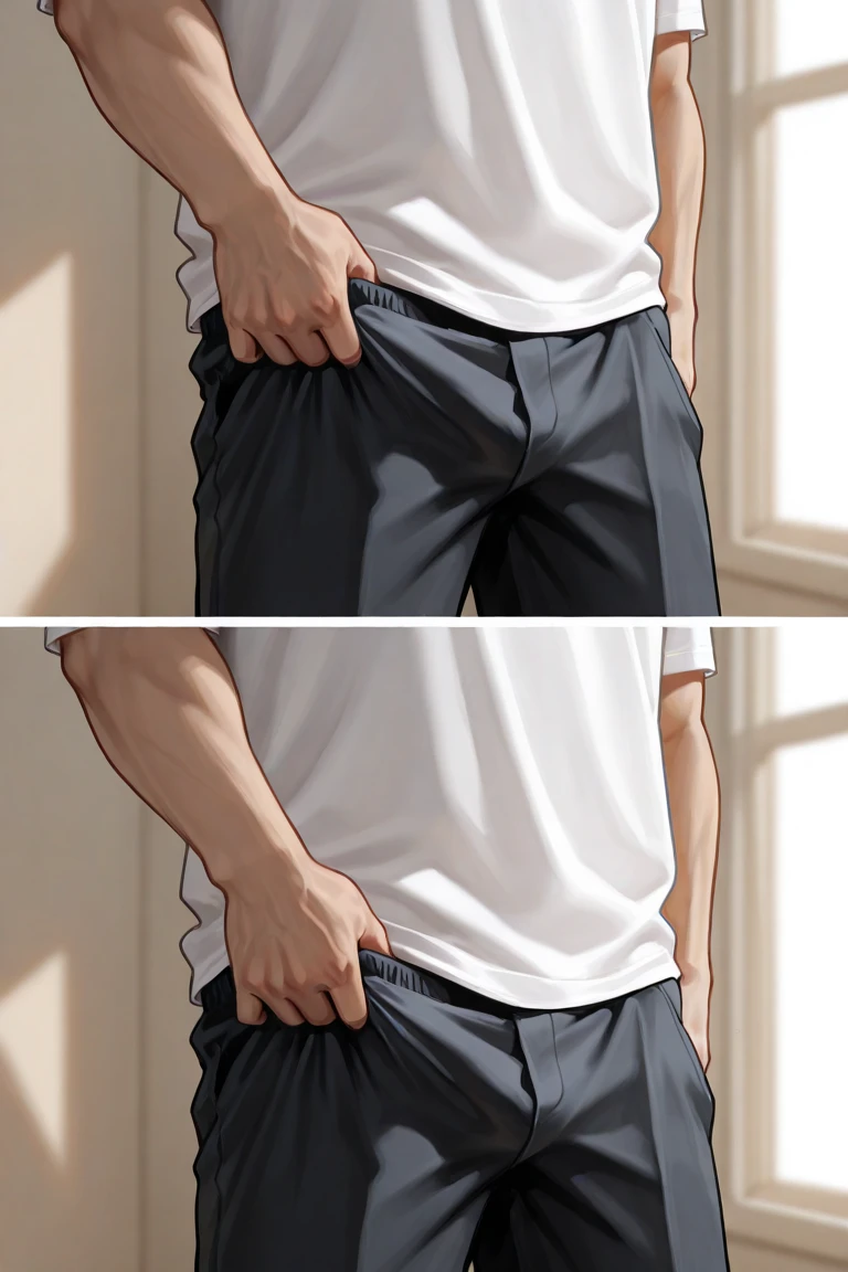 ((Best quality)), ((masterpiece)), (detailed), The guy pulls something big and elastic out of his underpants