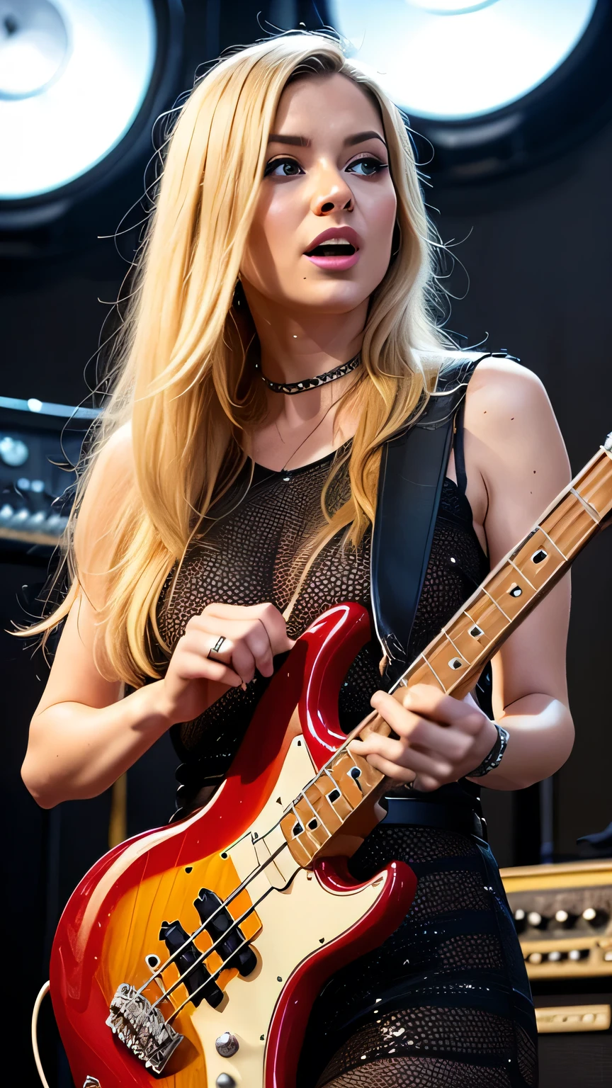 full-body portrait of a very slim 20-year old,  hot and Beautiful blonde European green eye, lady, ((bass guitarist:1.4)) with white intricate skin, ((walking on the stage of a rock concert in her black spaghetti top and leather short skirt:1.25)) in great smile.  ((Her hands are playing her purple shiny 5-string bass guitar:1.35)) vigorously and perform like mad on the stage. red Pantyhose. Background: A cool rock band with drummers and guitars and lots of amplifiers. Realistic, 4K, top quality photograph. Detailed skin and face. necklace, bracelet, and all kinds of possible gothic and punk decoration and makeup. Big breasts. 36F cup.