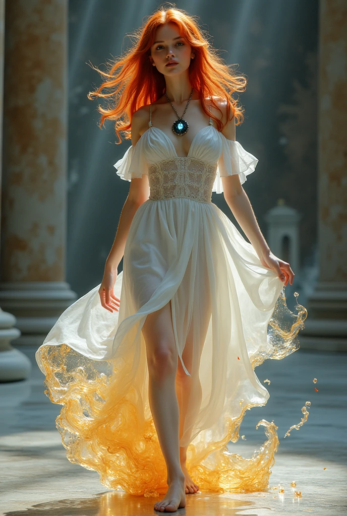 A fictional being, (((fully body))), Young orange-haired woman, i&#39;m, Close-up, Sunniness, professional foto, bonitas, face perfect, 30s, white gown, glowing details, high-heels, Ultra High Definition, 8k, Motor Unreal 5, Ultra sharp focus, artwork Intricate artwork, highy detailed, vibrant high definition, 16K, cinemactic, high qualiy, hyper realistic cover photo awesome full color, cinematic quality, High definition, 16K, swirly vibrant colors, lighting professional best quality, ultra high-resolution, (photorrealistic: 1.4) , high resolution, circunstanciado, raw shot, sharp re, By Lee Jeffries Nikon D850 Film Stock Photography 4 Camera Kodak Portra 400 Lens F1.6 rich colors hyper realistic realistic texture dramatic lighting irrealengine trending at artstation cinestill 800