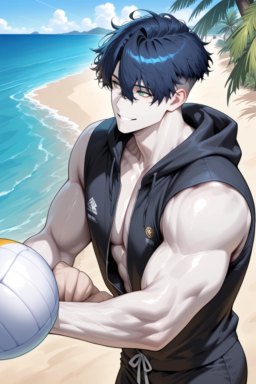 Middle-aged man in a masked high-cut swimsuit