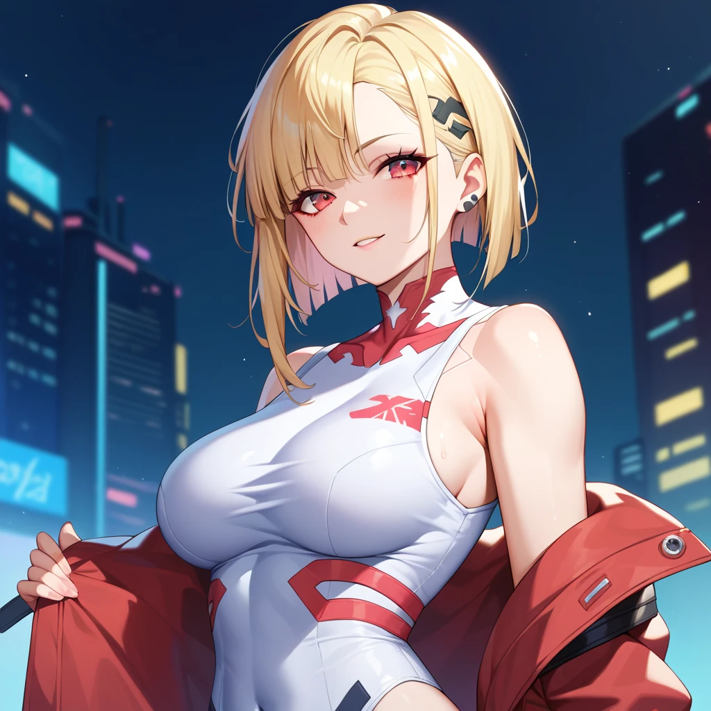 1girl,  (((bimbo))),hoop earrings, puffy lips, painted lips, thick lips. 
blonde hair, short twintails, wide hips, thick thighs, perky breasts, bursting breasts, Nightlife, Night city, Cyberpunk city, futuristic cityscape. Neon lights, (skyscraper:1.1), Tokyo tower, palm tree, cloth sign, ramen stall, night club. bright city lights, exotic car. alcohol, bar, ramen, soup stall ,alcohol bottles, stomach blush, nipple slip, rounded stomach, pubic tattoo, word underbelly tattoo, cameltoe, gym shorts, sexy dolphin shorts, low hanging shorts, slutty yellow open jacket, white liquid running down between thighs, no panties, white liquid in between thighs, thigh gap