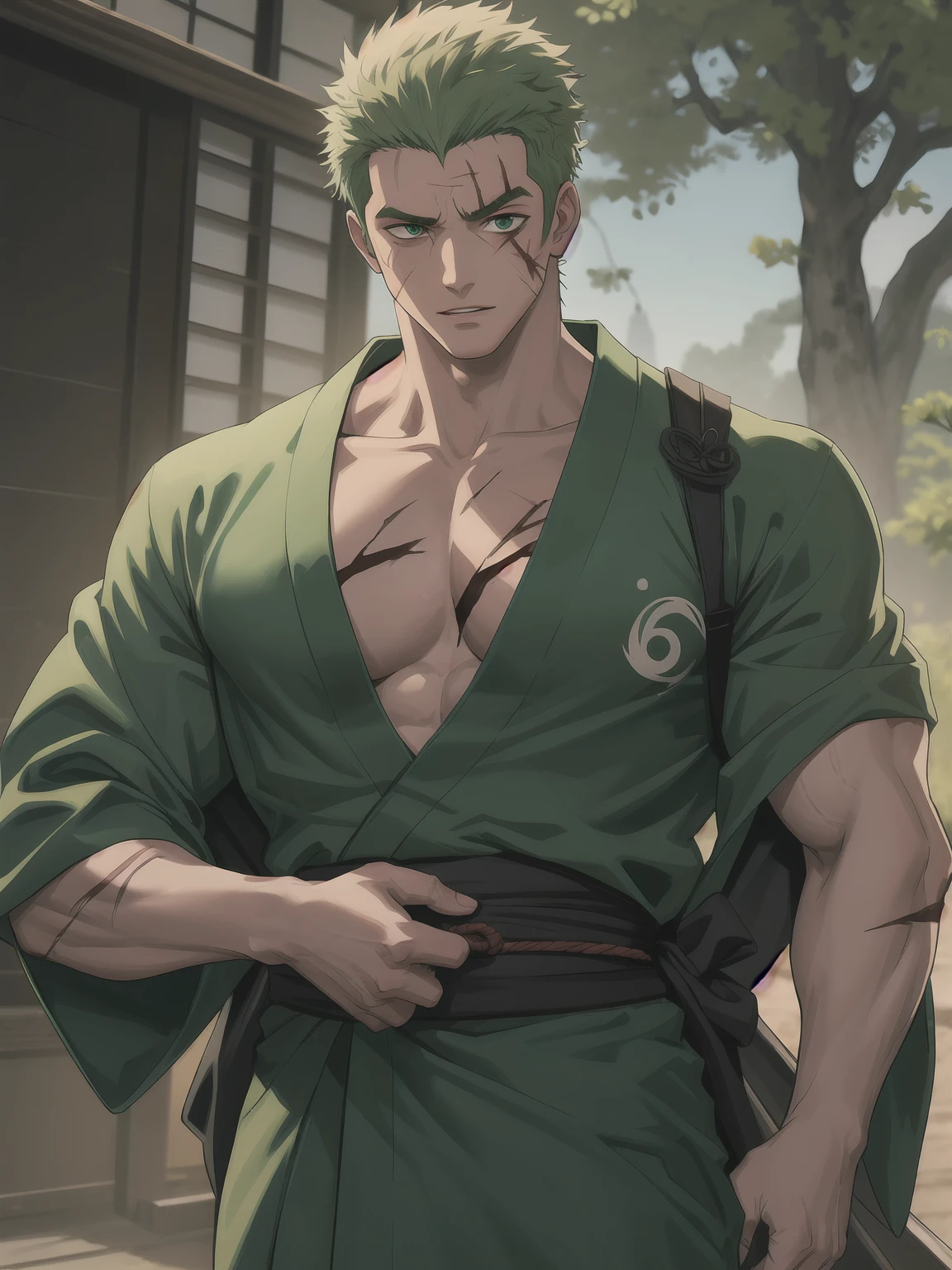 (obra-prima, melhor qualidade: 1.2), Tiroteio de Cowboy, sozinho, Foco masculino, 1st grade, Roronoa Zoro, cicatriz, homem musculoso, sorrir, olhando para o espectador, (empunhadura dupla: 1.2) Katanas, folded arms, roupas japonesas, quimono verde (((master part+best quality+high resolution+ultra-detalhado))), Zoro\(one piece\), nariz alto, olhos afiados, olhos perfeitos, noble and inviolable temperament, (([masculino]: 1.2 + [majo]: 1.2 + cabelo verde: 1.2)), fundo de navio pirata, (one piece), Roronoa Zoro, cabelo verde cortado, Tiroteio de Cowboy, cicatriz no olho, musculoso masculino, (empunhadura dupla:1.2), Katanas, folded arms, roupas japonesas, quimono verde, Dynamic angle and posture.
Nome: Roronoa Zoro Idade: 21 anos Altura: 1,Peso 81m: 78kg Origem: azul leste, Physical description: Zoro is a skilled swordsman with a distinctive appearance. He has messy green hair and three scars on his left eye, resultado de seu treinamento rigoroso. His athleticism and defined muscles reflect his strength and physical prowess. He is usually seen wearing an open shirt and green pants, in addition to carrying his three swords on his back. Personalidade: Zoro is known for his serious and determined nature. He is highly loyal to his friends and is willing to risk his life to protect them. Sua busca incessante para se tornar o espadachim mais forte do mundo muitas vezes o leva a treinos intensos e a desafiar poderosos oponentes. Despite its intimidating appearance, Zoro has a dry sense of humor and often engages in funny moments with his teammates.