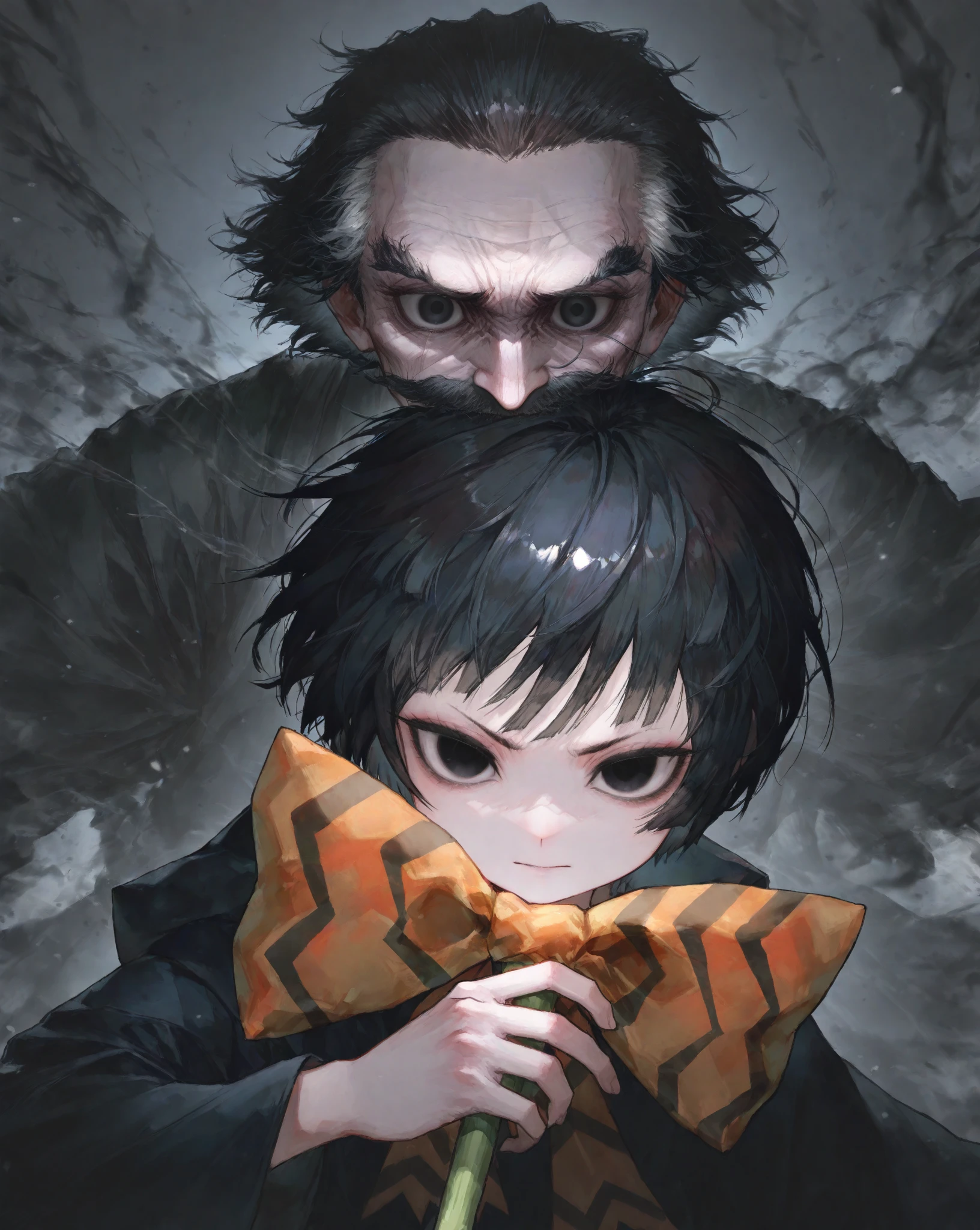 anime, mommy vibes, goth style woman, chain accesories, ((wearing a black suit mixed with golden flowers marks)), black suit, ((black eyes)), very dark eyes, upper view, both arms on her back, she is hiding her arms on her back, Japanese-style hair tied and a little messy, dark gothic makeup, black lips, dark circles, scary scene, smile, abandoned doll factory setting, horror, highres, ultra-detailed, (best quality,4k,highres,masterpiece),subdued colors, vivid colors, professional lighting, dark shadows, golden lightining, detailed lips, detailed eyes, only black and golden colors.
