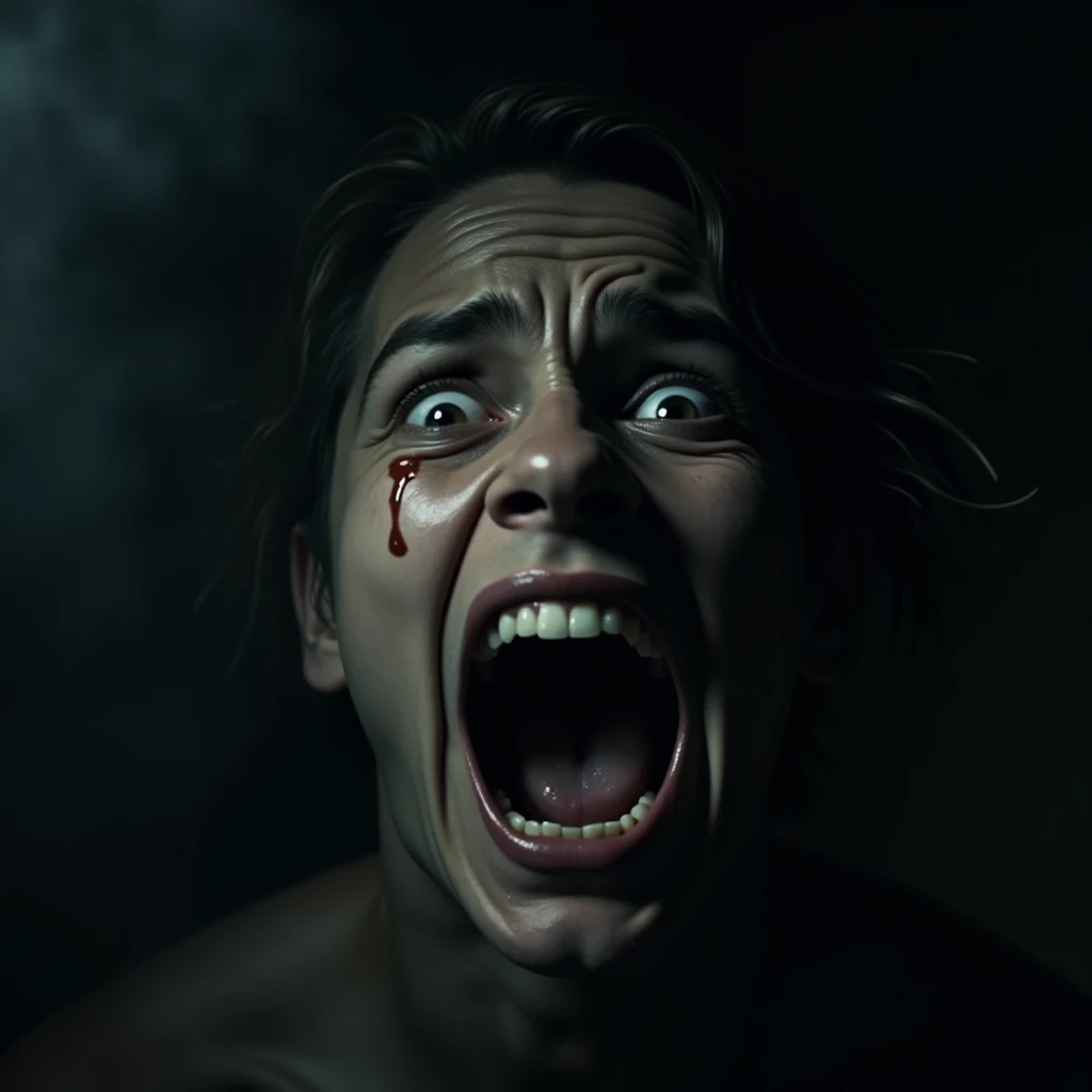 40 year old brunette woman, extremely scared face looking up, being burned alive, tears in her eyes, scenario hell, fire, satan, demons torturing souls.