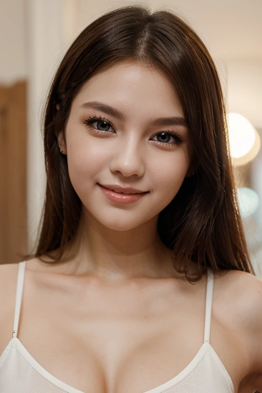 Close up portrait of a young woman, smiling, (busty) long hair, empty emotion, symmetrical face, looks at the camera, stunning photography, photorealistic, art station, soft pastel colours, highly detailed, intricate, path tracing, illustration, insanely detailed, shadow mapping volumetric light, specular lighting