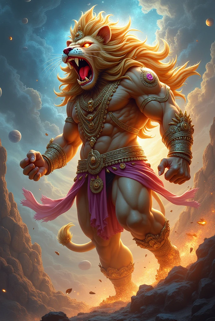 Lord Krishna in lion avatar looking angry and realistic 
