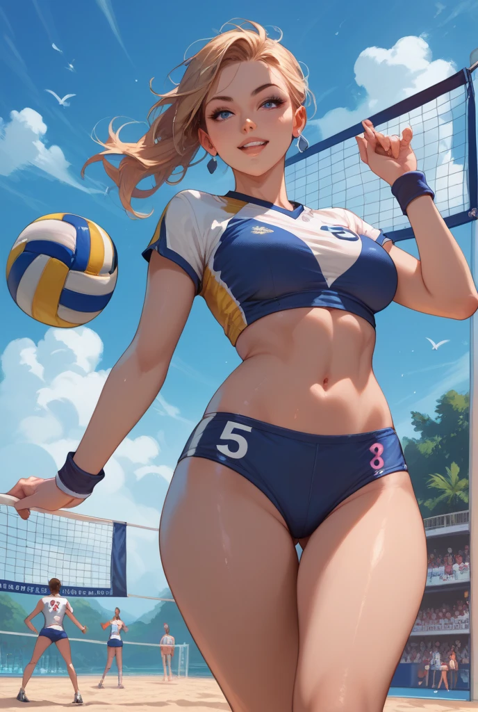 (１People Women),(Street Fighter No Cammy:1.5),(Same beach volleyball team:1.5),(Beach volleyball high leg bikini:1.3),(Wearing the same thing:1.5),tight, (short hair:1.3),rest(whole body:1.5),(Beautiful Eyes),(Pretty face),(Very detailedな顔:1.5),(Very detailedな女性の手:1.5),(Sunburn:1.3),(Puffy nipples:1.35),(Muscular:1.3),(Thick thighs:1.5),(Clear blue sky in the background:1.2),(((Blurred Background:1.5))),(Soft lighting:1.5),(Depth of the written border:1.5),rest(((masterpiece:1.5),(Highest quality:1.5),(Very detailed:1.5),(High resolution:1.5),(practical:1.5),(practical:1.5))),8k