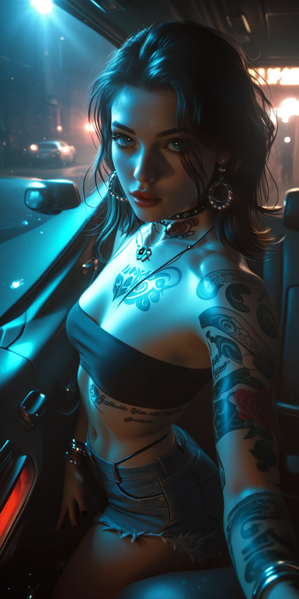 a cute woman (random fantasy race), 25 years old, giga busty, wearing a string bikini, dancing and flirting on stage under the spotlight, pale makeup, deep red lipstick, camera angle low looking up, fantasy magic strip club, hyper detailed, masterpiece, 8k, photorealistic, intricate details, volumetric lighting, dynamic pose, dramatic lighting, neon colors, moody atmosphere