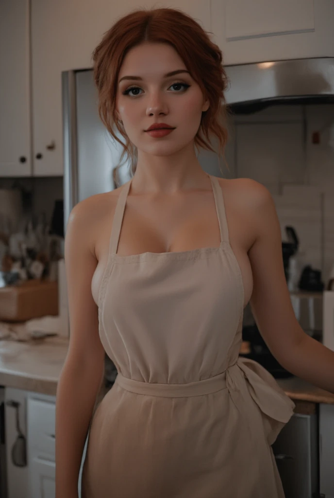 HDR, 8K resolution, intricate detail, sophisticated detail, depth of field, photorealistic, sharp focus, portrait, portrait of 1girl, undercut hair, redhead, smile, looking at viewer, maid, freckles, apron, big breasts, amazing body, pronounced feminine feature, legwear suspenders, kitchen background