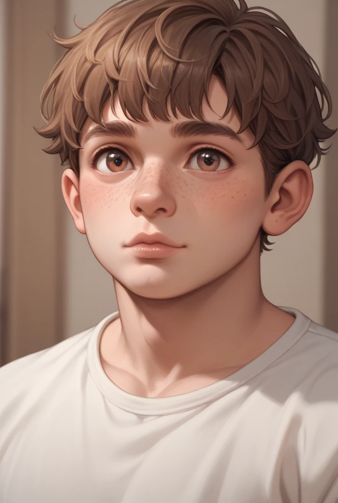A boy with white skin, disney style, illustration style, white background, brown hair, white shirt, in a pose of curiosity. --auto