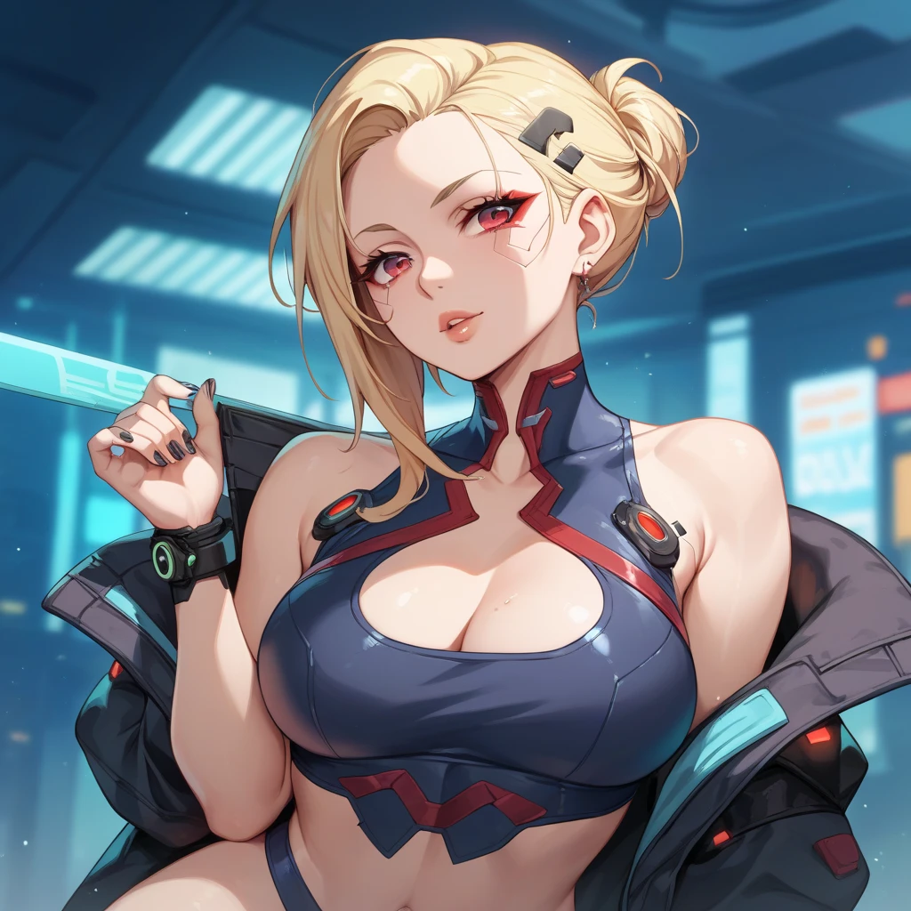 big breasts, she is a Milf ((beautiful tanned busty, 30 years old)), ((cyberpunk blonde hair, straight)), double eyelids, light blue eyes, detailed eyes, hyper detailed, light effect on the eyes, detailed iris, with incredible breasts and perfect waist, and a sensual body, ((red jacket with cyberpunk style hood, cropped underneath technological fabric, thick fabric skirt with cyberpunk rainbow neon lights, cool and bold cyberpunk style, bright neon details on the clothes, world of extremely advanced technology) ), ((beautiful makeup with round breasts, cleavage, ((masterpiece, hyper realistic, hyper detailed, best quality, 16k, light and shadow effect on the skin, vivid colors)), eyeliner, passionate expression, perfect lips, innocent and sexy face, open mouth, ((skin with light and shadow), beautifully seductive, shy, ((she is beautiful, with paws pose)), slender body, flirting with the viewer , ((cyberpunk futuristic city, neon billboards, rainbows, mix colors in the city))