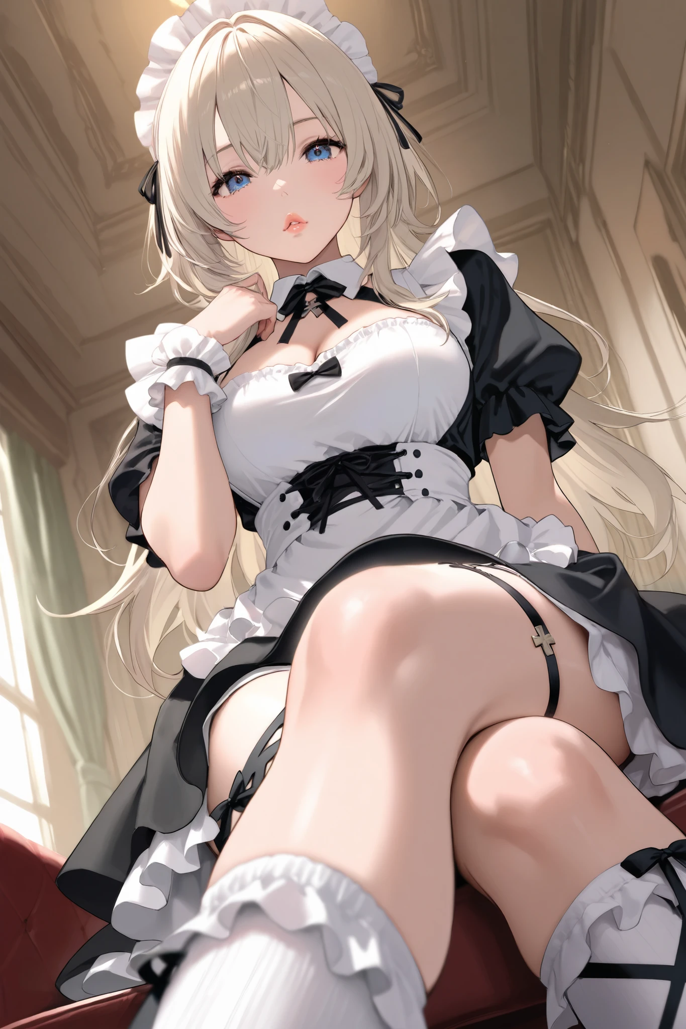 top-quality、realistic touch,high-detail、photoRealstic、 、A girl who remains young、Long body、Sheer costumes、Not wearing underwear、big eye、long lashes、Long upper eyelashes、platinum-blonde、cute little、Beautie、A sexy、full body Esbian、Sparkling eyes、Submissive smile、Flushed cheeks、Kamimei、Pose with buttocks sticking out、thin-waist、Sleeveless、visible from the side、Sexy armpits、Voluptuous thighs、Enraptured look、Apron Costume、Plump thighs protruding from knee socks、A maid working in a nobleman's mansion、Clothes with open sides