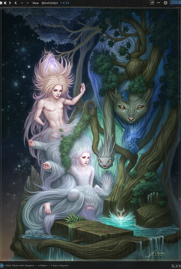 Full body image, smooth and shiny skin, with shades of blue, green or silver. hair is long. They have large, expressive violet eyes. sea elf, sea elf, trident, coral armor, flipper boots legs apart, fins in place of ears, rpg character, seabed, corals, mermaid, newt, artgerm and brian froud, by Brian and Wendy Froud, brian froud style, by Wendy Froud, inspired by Wendy Froud, inspired by Brian and Wendy Froud, brian froud