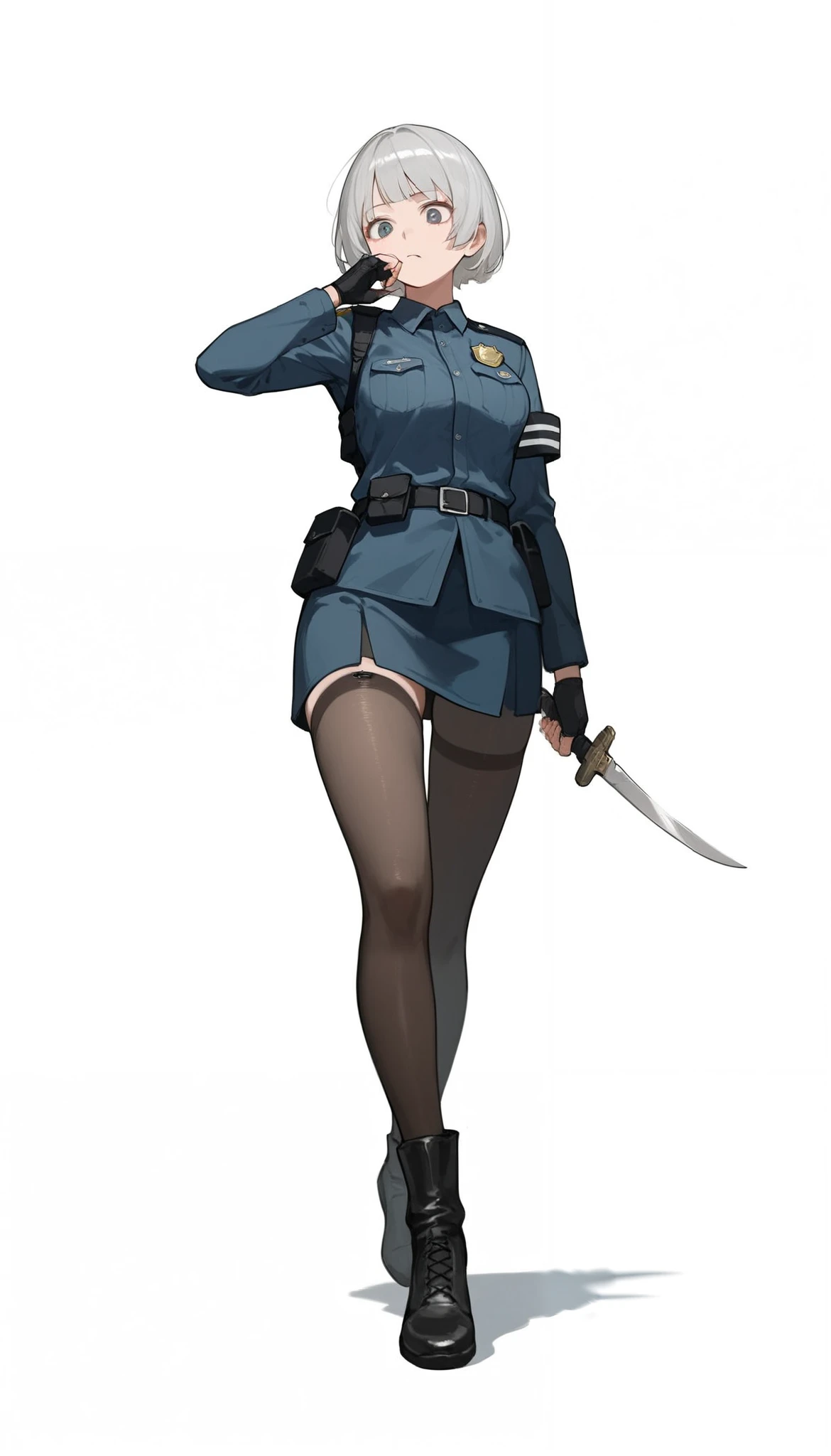 ((masterpiece)), (best quality), 1girl , Alone, simple background, temptation, delicate face, handheld dagger , Battle Pose , full body, silver short hair, long sideburn, Disdainful Eyes, Black Stockings, Damaged black police uniform, medium breasts, style: midjourney, white background, from below, two-point perspective , Impact footage,motion blur,depth of field, closeup