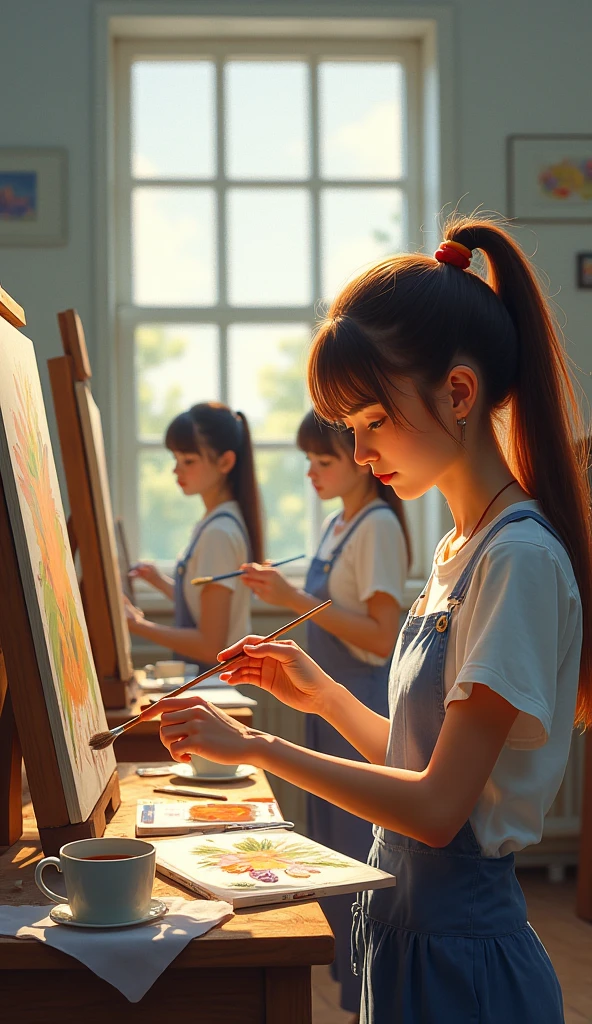Art Classes、Nude drawing class、Female student as a model、High school students、Easel、Schoolboy surrounding model、Classroom、a closeup