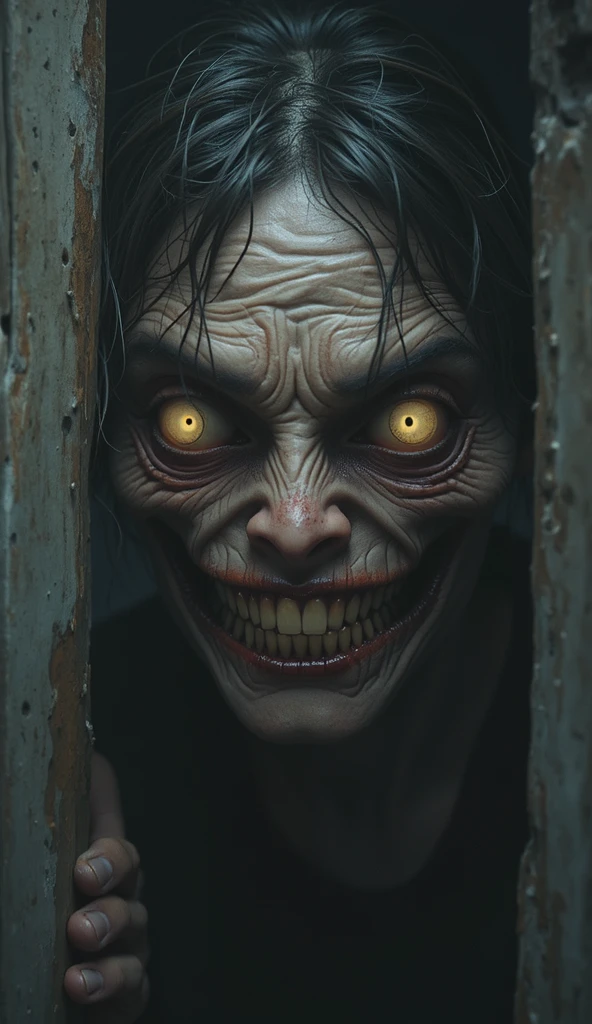 A terrifying creature with wide, glowing eyes and a grotesque, toothy grin peers out from a dark, claustrophobic space, its pallid skin contrasting with its matted, dark hair, a chilling horror scene, highly detailed, dramatic lighting, eerie atmosphere, raw style